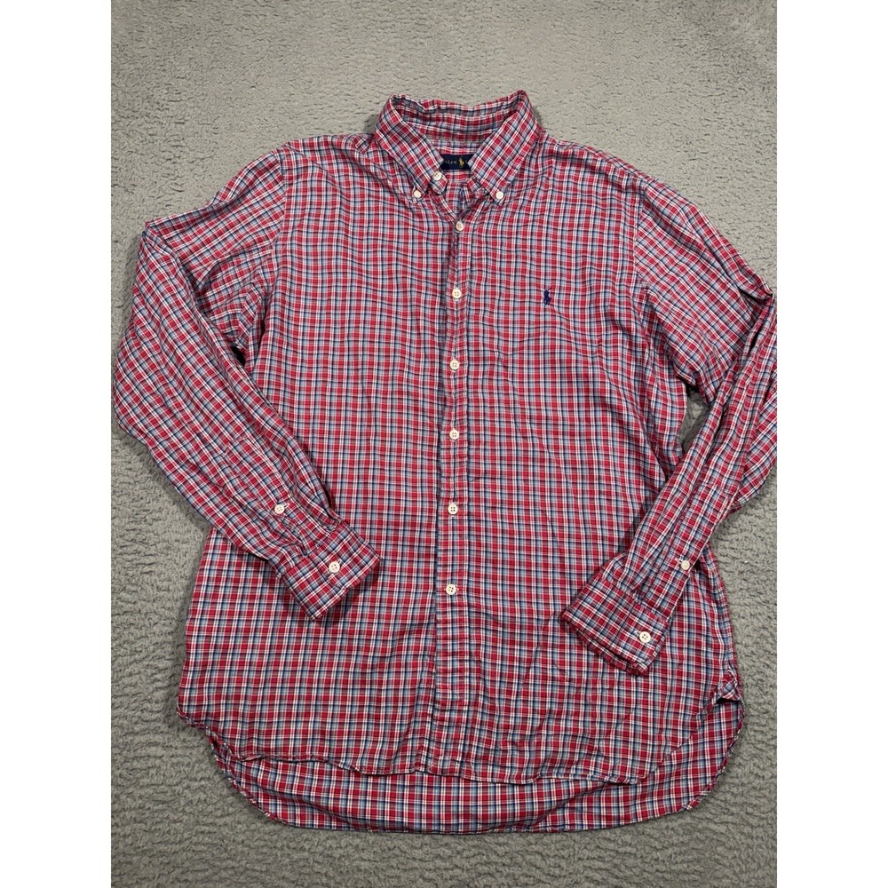 Ralph Lauren Plaid Button Down Shirt Red Blue White Long Sleeve Large L Preppy